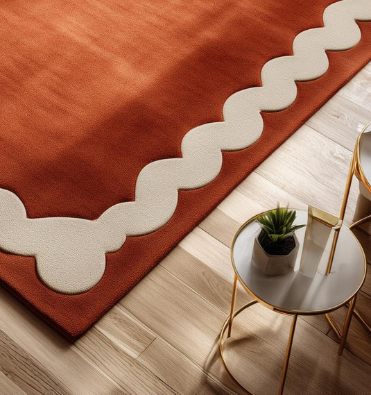 Translation missing: en.Burnt Orange Tufted Area Rug: Wavy Cream Border, Scandinavian Style