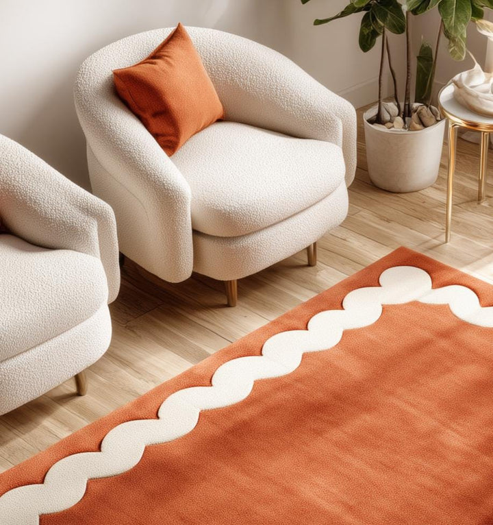 Translation missing: en.Burnt Orange Tufted Area Rug: Wavy Cream Border, Scandinavian Style