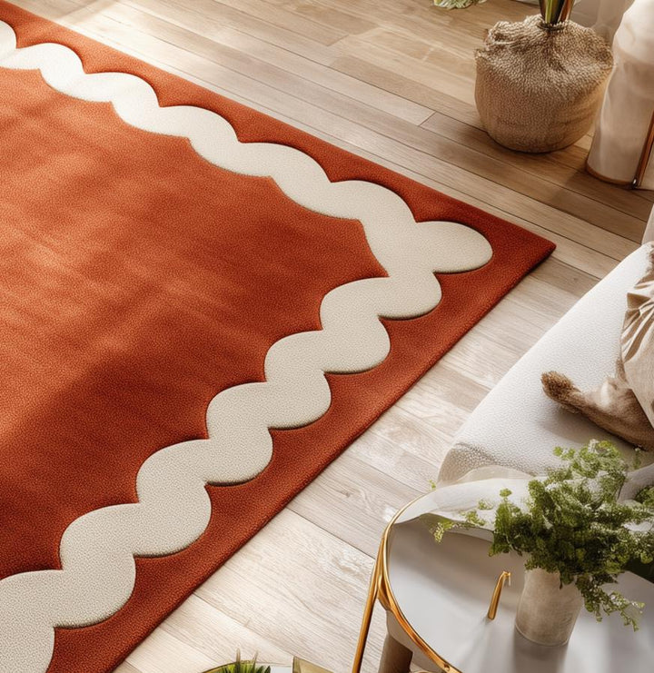 Translation missing: en.Burnt Orange Tufted Area Rug: Wavy Cream Border, Scandinavian Style