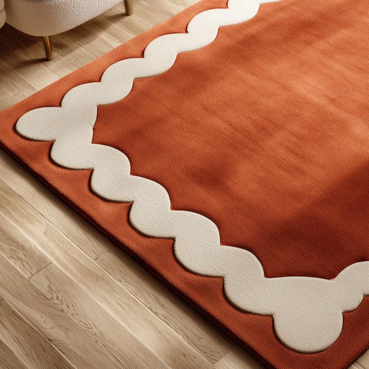 Translation missing: en.Burnt Orange Tufted Area Rug: Wavy Cream Border, Scandinavian Style