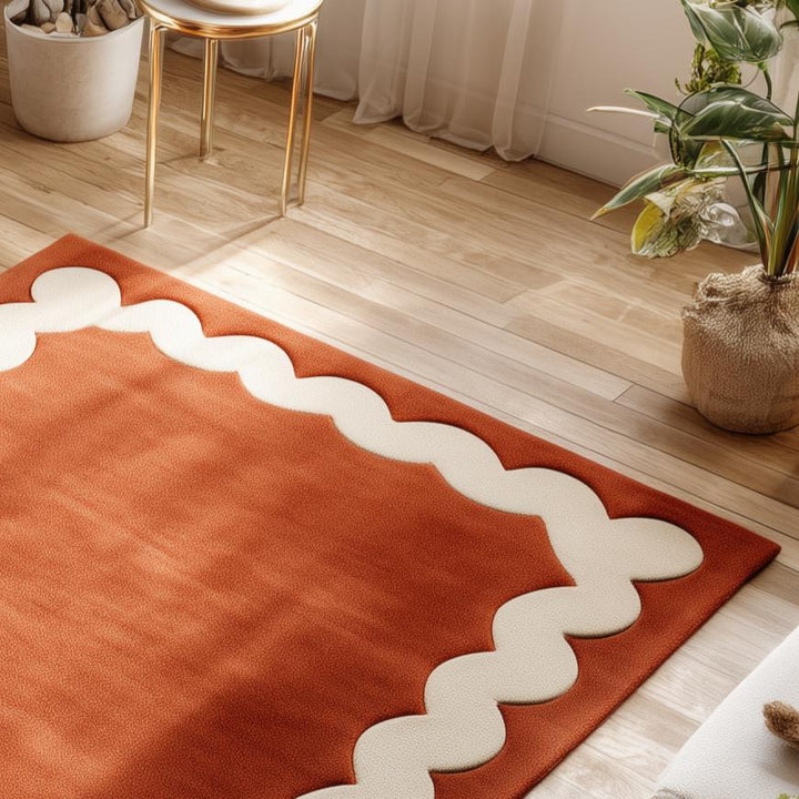 Translation missing: en.Burnt Orange Tufted Area Rug: Wavy Cream Border, Scandinavian Style