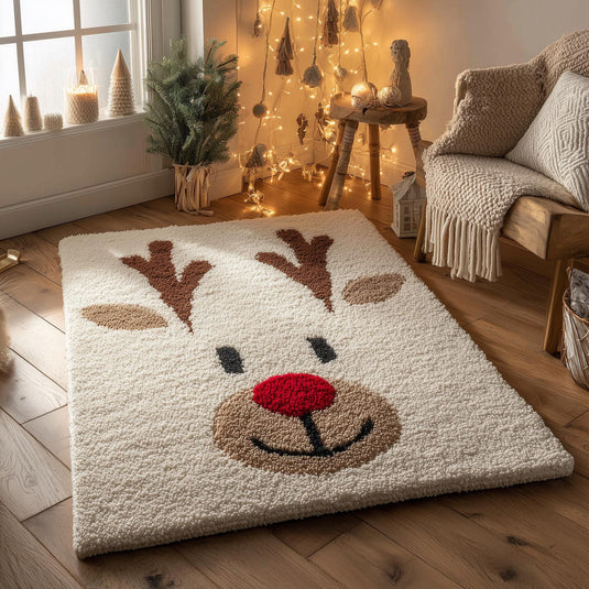 Translation missing: en.Hand-tufted Christmas reindeer rug with Rudolph design and red nose, soft and cozy holiday carpet for living room and kids rooms