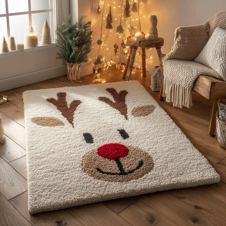Translation missing: en.Hand-tufted Christmas reindeer rug with Rudolph design and red nose, soft and cozy holiday carpet for living room and kids rooms