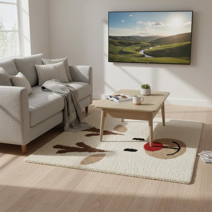 Translation missing: en.Hand-tufted Christmas reindeer rug with Rudolph face and red nose, cozy plush holiday carpet for living room and kids' rooms