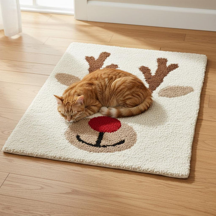 Translation missing: en.Hand-tufted Christmas reindeer rug with plush Rudolph face and red nose for festive holiday decor