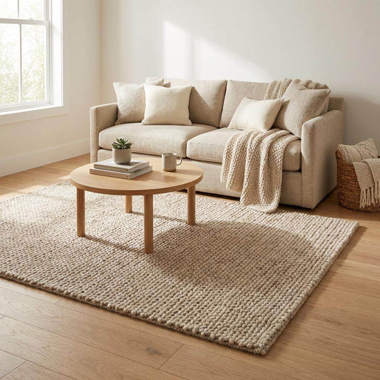 Translation missing: es.Chunky braided knit rug in neutral beige with thick textured yarn for cozy Nordic interiors
