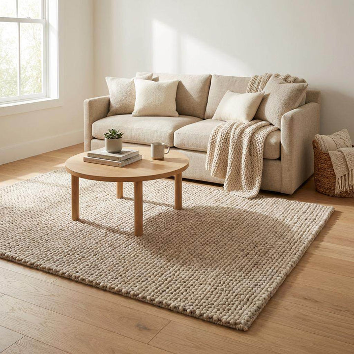 Translation missing: es.Chunky braided knit rug in neutral beige with thick textured yarn for cozy Nordic interiors