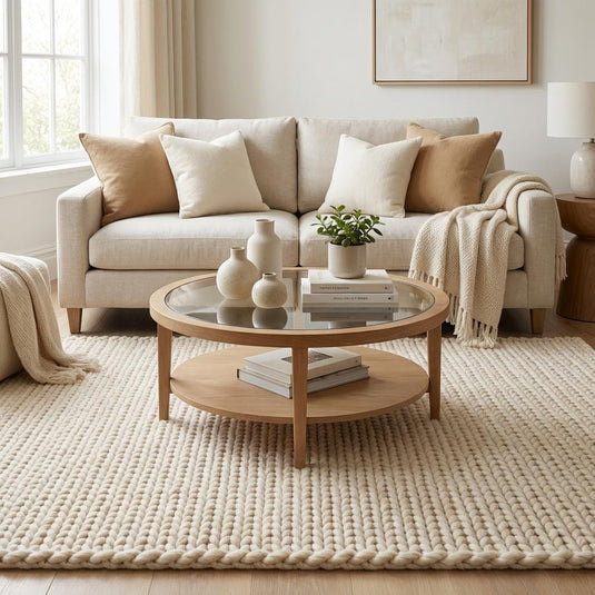 Translation missing: es.Top view of thick braided yarn rug with chunky woven loops and soft neutral tone