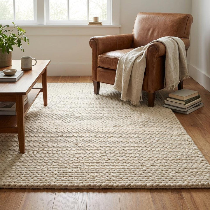 Translation missing: en.Chunky Braided Neutral Rug, Thick Textured Cream Area Rug, Cozy Minimalist Scandi Floor Decor