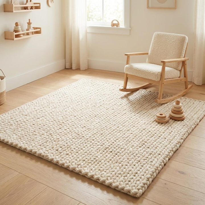 Translation missing: en.Detailed look at chunky woven rug strands forming a soft textured cream surface
