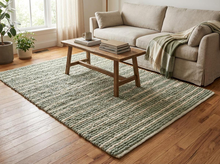 Translation missing: en.Chunky Braided Wool Rug in Sage and Cream – Thick Handwoven Textured Scandi Floor Accent