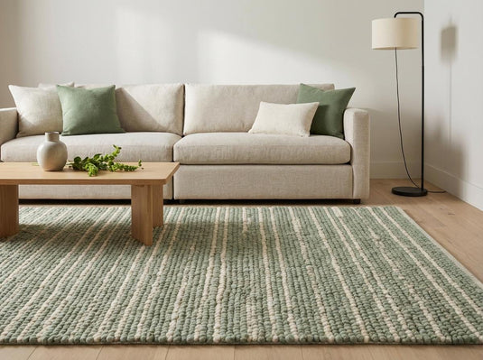 Translation missing: es.Chunky braided wool rug in sage and cream with thick handwoven texture and cozy Scandinavian design