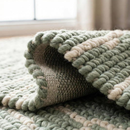 Translation missing: es.Close-up of chunky braided sage and cream wool rug with thick textured yarn