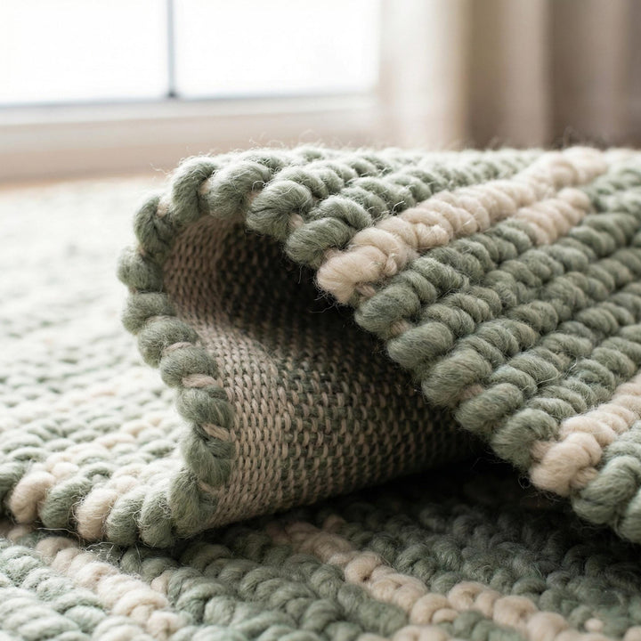 Translation missing: en.Close-up of chunky braided sage and cream wool rug with thick textured yarn