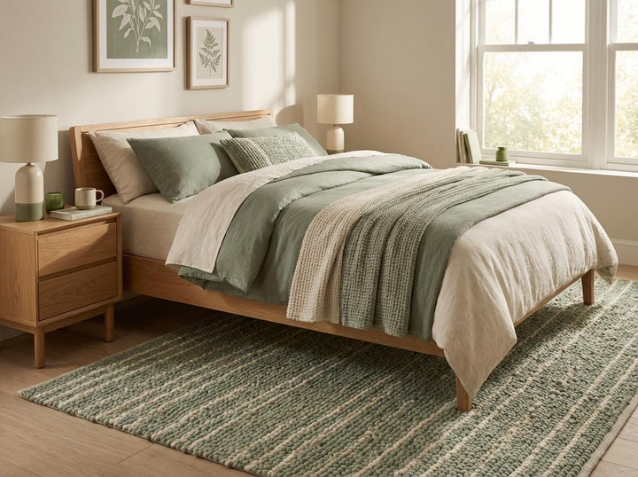 Translation missing: en.Cozy bedroom or nursery styled with textured sage and cream braided floor rug
