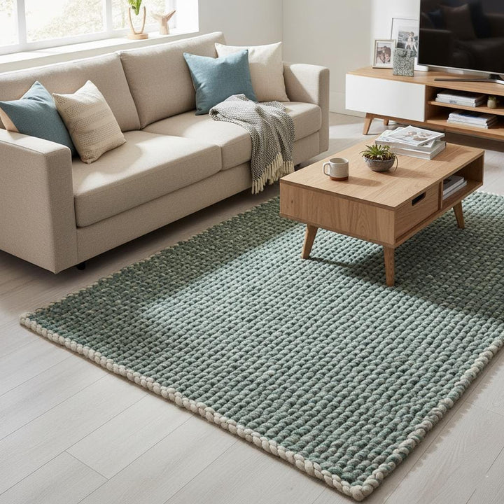 Translation missing: es.Mint green chunky handknit rug corner with braided border on white wood floor — modern boho rug, rugs, carpet, teppich