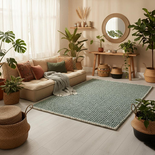 Translation missing: es.Thick loop wool rug in soft mint and grey tones, braided edge detail — cozy home décor rug, rugs, carpet, teppich
