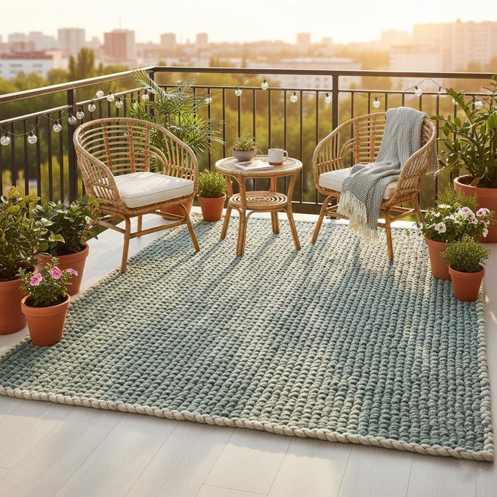 Translation missing: es.Handcrafted chunky wool rug top view showing knit rows and plush texture — perfect rugs for living room, rug, carpet, teppich