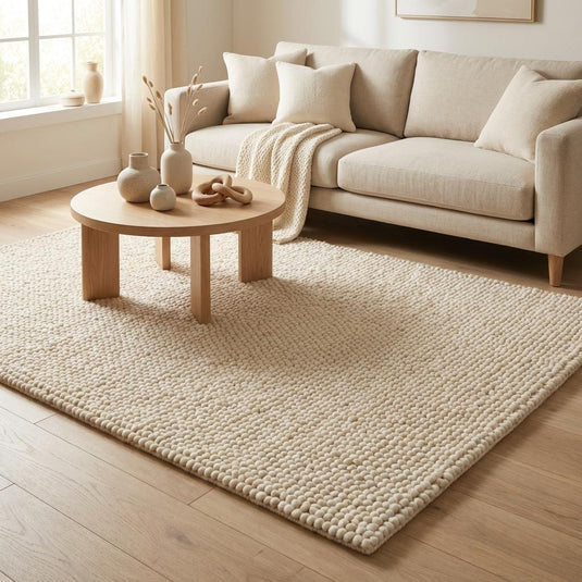 Translation missing: es.Neutral chunky wool rug on wooden floor, soft textured rug for bedroom or living room
