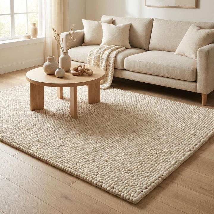 Translation missing: es.Neutral chunky wool rug on wooden floor, soft textured rug for bedroom or living room
