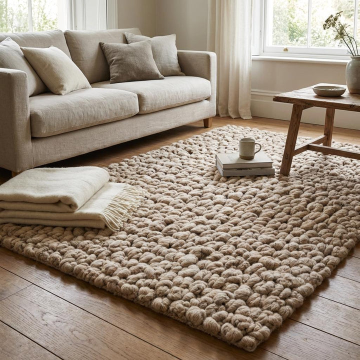 Translation missing: es.Chunky Knit Area Rug, Thick Neutral Beige Plush Rug, Handmade Cozy Texture Living Room Carpet