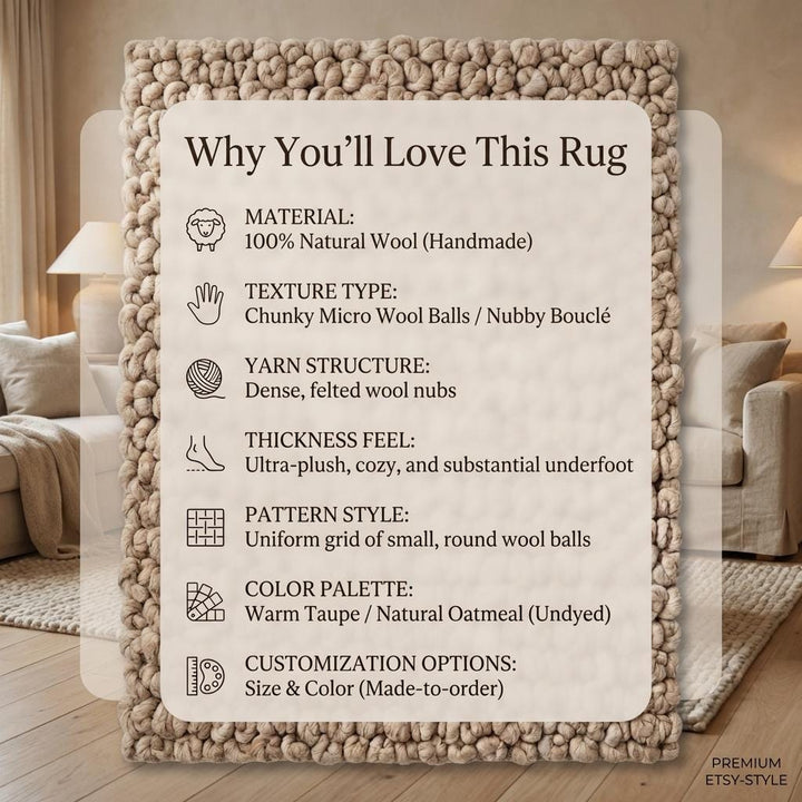 Translation missing: es.Chunky Knit Area Rug, Thick Neutral Beige Plush Rug, Handmade Cozy Texture Living Room Carpet