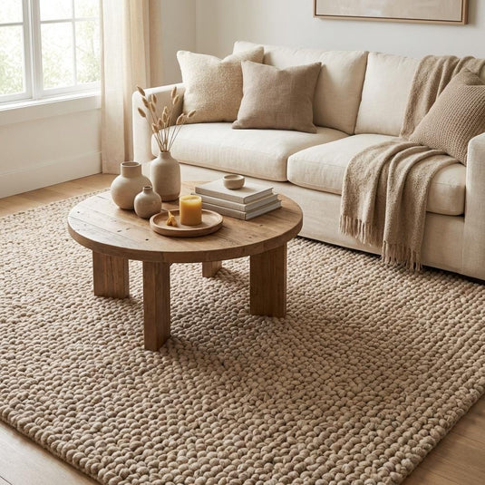 Translation missing: es.Chunky textured rug placed in a cozy living room setting with sofa, soft neutral decor rug enhancing warm and inviting interior style