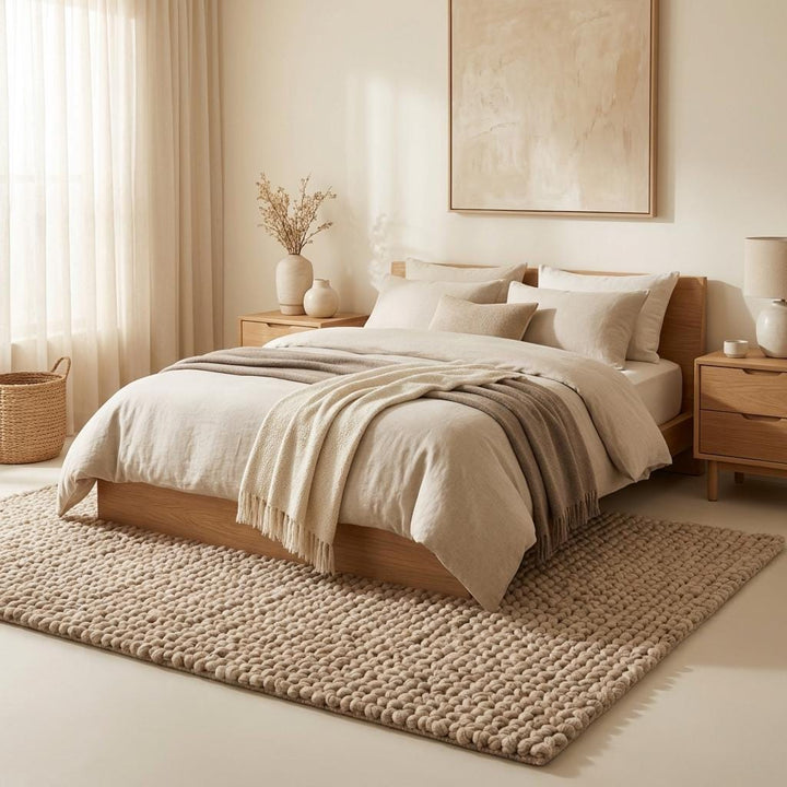 Translation missing: es.Detailed view of chunky knit rug loops and edge finish highlighting thick yarn construction, durability and handcrafted rug quality