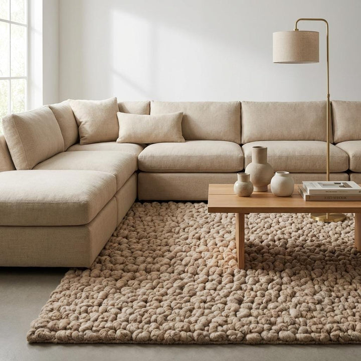 Translation missing: es.Soft chunky knit rug styled in a nursery room creating a warm safe play area, plush neutral rug ideal for kids and cozy interiors