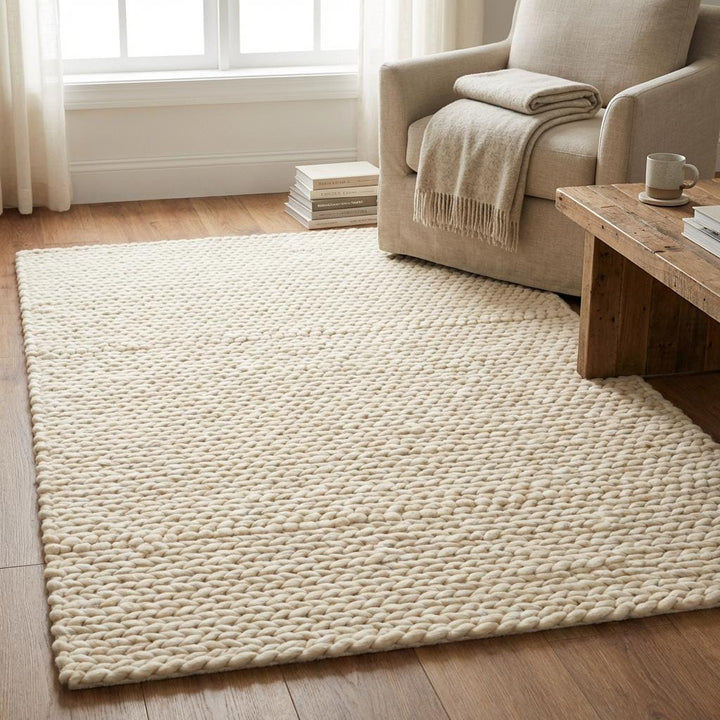 Translation missing: fr.Chunky knit area rug with thick textured neutral fibers for cozy modern home decor
