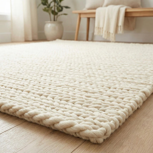 Translation missing: es.Chunky knit area rug with thick, textured neutral fibers for cozy modern home decor