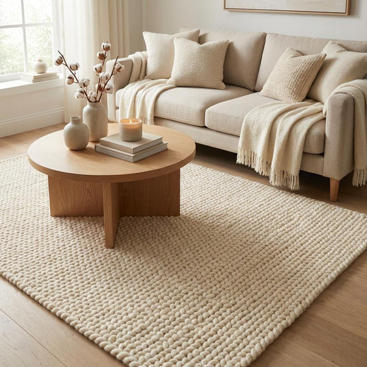 Translation missing: es.Chunky knit area rug with thick, textured neutral fibers for cozy modern home decor