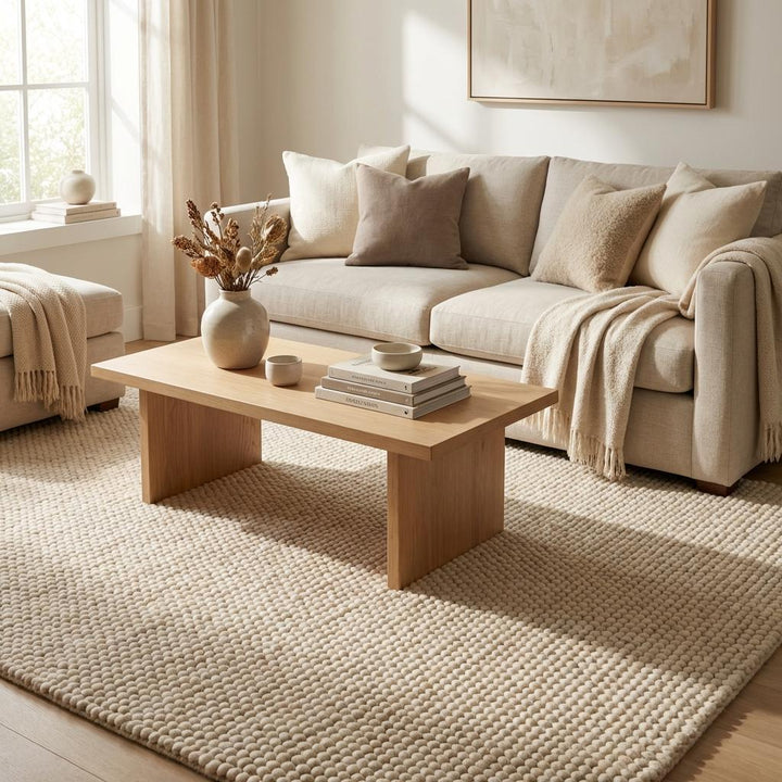Translation missing: es.Thick textured chunky rug placed in a cozy living room setting, adding warmth and modern organic style with plush underfoot comfort
