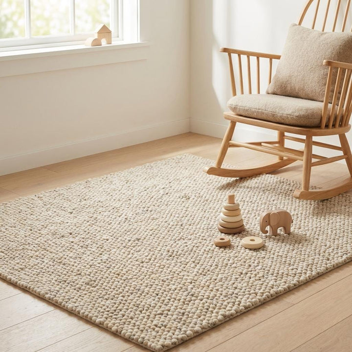 Translation missing: es.Soft chunky knit rug styled in a nursery room, providing a warm, plush, and comfortable surface ideal for kids and cozy interiors
