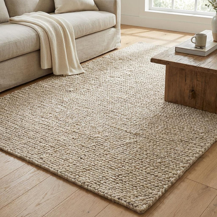 Translation missing: es.Chunky knit beige braided rug with thick textured wool-look and plush neutral area carpet for cozy living room