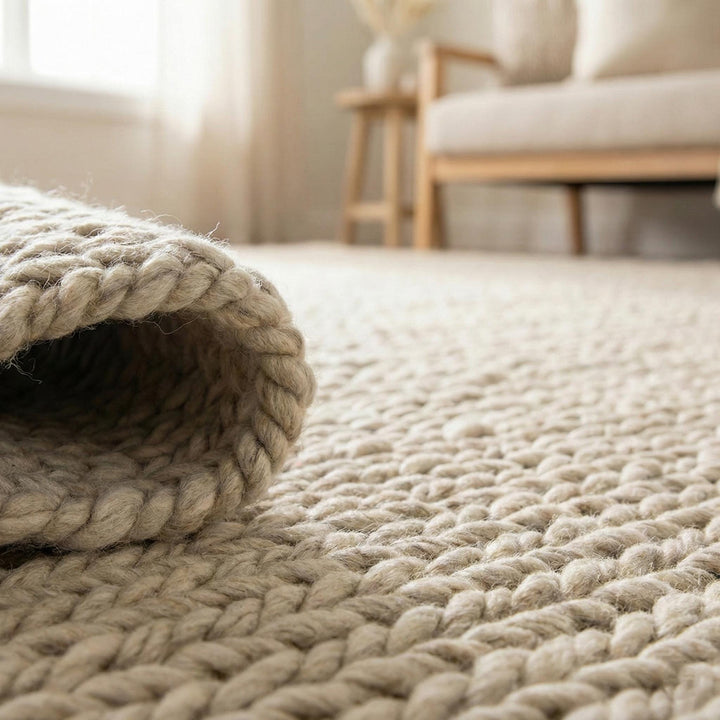 Translation missing: es.Chunky knit beige braided rug with thick textured wool-look and plush softness for cozy living room decor