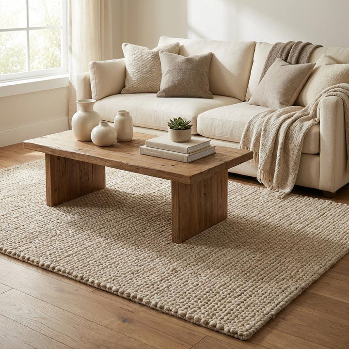 Translation missing: es.Chunky knit beige braided rug with thick textured wool-look and plush soft surface for cozy living room