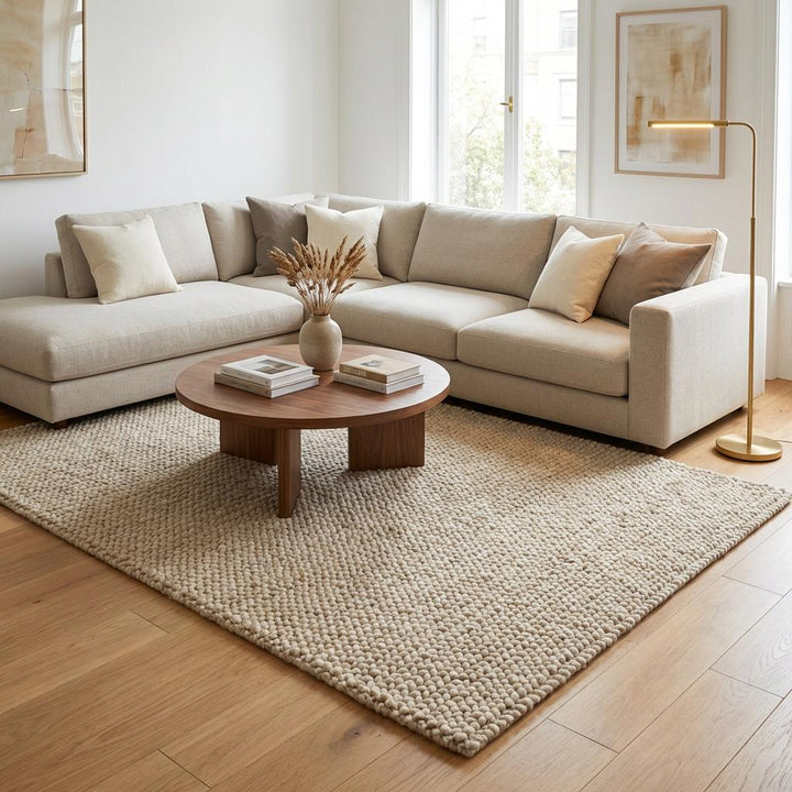 Translation missing: es.Chunky knit beige braided rug with thick textured wool-look and plush neutral area carpet for cozy living room