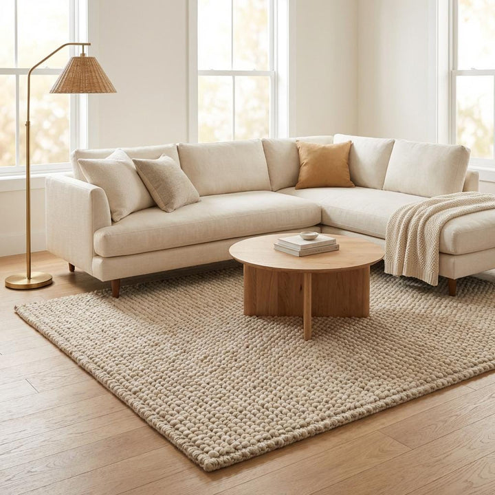 Translation missing: es.Chunky knit neutral rug with thick oversized loops and warm natural fiber texture for cozy Scandinavian homes