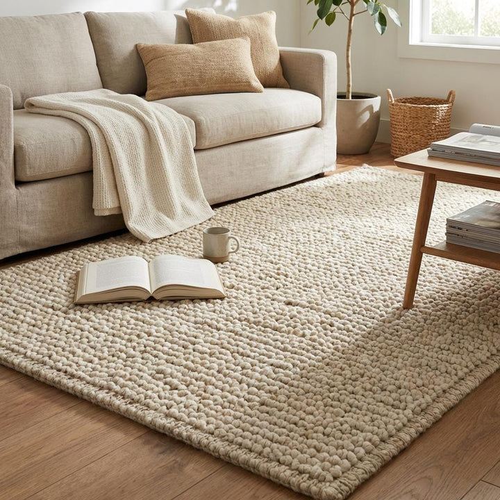 Translation missing: es.Chunky knit neutral rug with thick oversized yarn loops and plush texture for cozy Scandinavian interiors