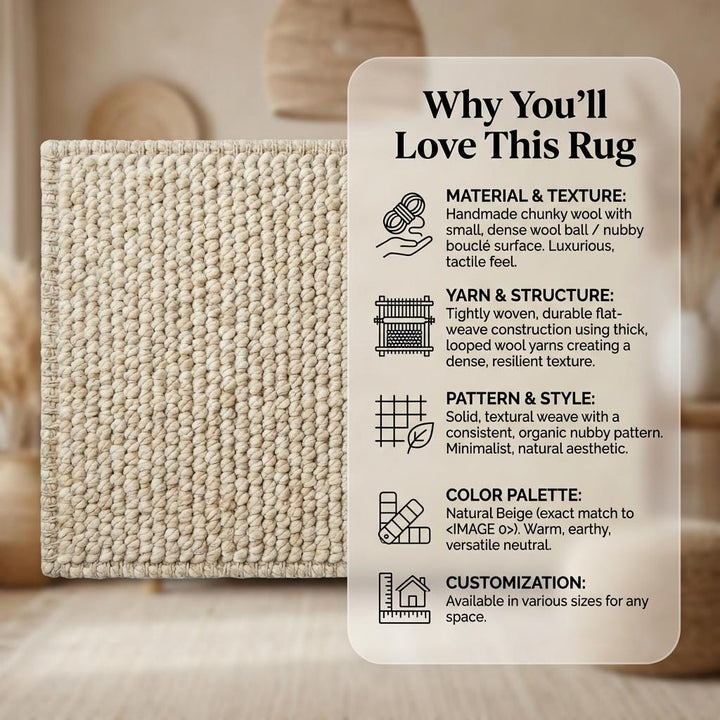 Translation missing: es.Chunky knit neutral rug with thick oversized yarn loops and soft textured natural fiber look for cozy Scandinavian interiors
