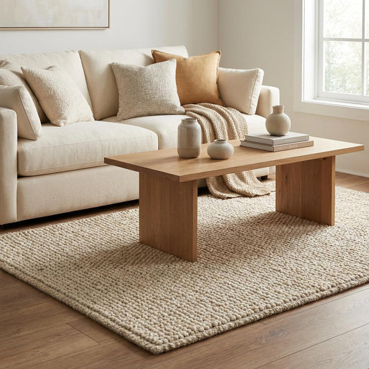 Translation missing: es.Chunky knit neutral rug with thick oversized yarn loops in warm natural tones for cozy Scandinavian interiors