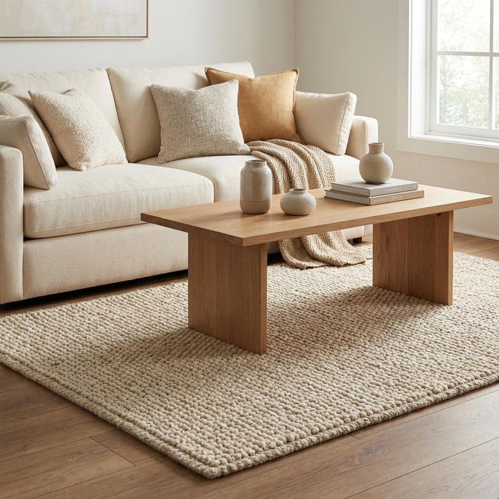 Translation missing: es.Chunky knit neutral rug with thick oversized yarn loops in warm natural tones for cozy Scandinavian interiors