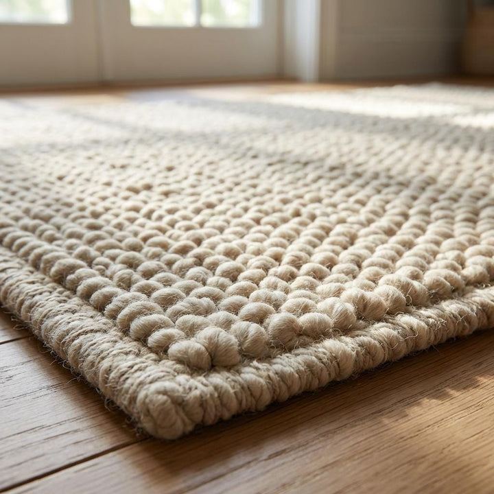 Translation missing: es.Chunky knit neutral rug with thick textured natural fibers for cozy Scandinavian homes