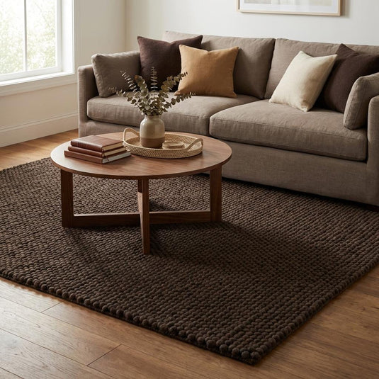 Translation missing: es.Chunky knit rug in dark brown with thick braided roving texture for cozy modern organic interiors