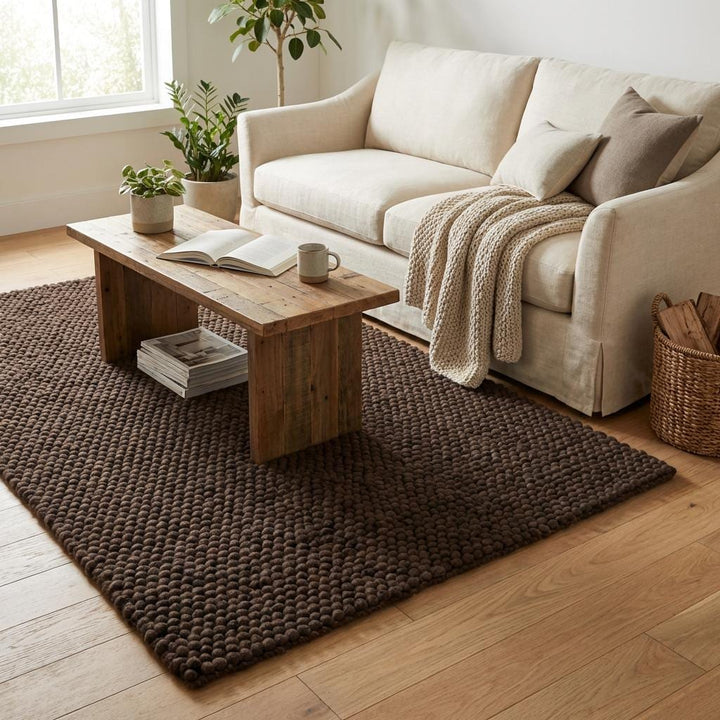 Translation missing: fr.Dark brown chunky knit rug with thick braided roving texture and plush loops for cozy modern organic interiors