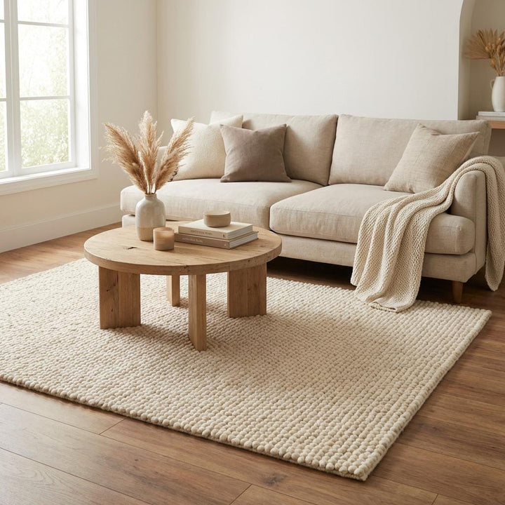 Translation missing: es.Chunky knit wool rug with thick cream loops and soft textured surface for cozy modern interiors