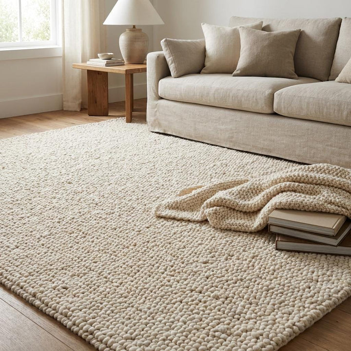 Translation missing: es.Chunky Knit Wool Rug, Handwoven Thick Loop Ivory Area Rug, Soft Cozy Neutral Minimalist Carpet, Luxury Textured Boho Living Room Rug
