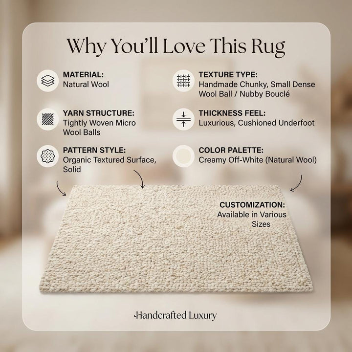 Translation missing: es.Chunky Knit Wool Rug, Handwoven Thick Loop Ivory Area Rug, Soft Cozy Neutral Minimalist Carpet, Luxury Textured Boho Living Room Rug