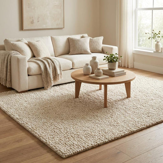 Translation missing: es.Neutral chunky wool rug placed in a cozy living room setting, complementing wooden furniture and soft natural lighting for warm minimalist décor